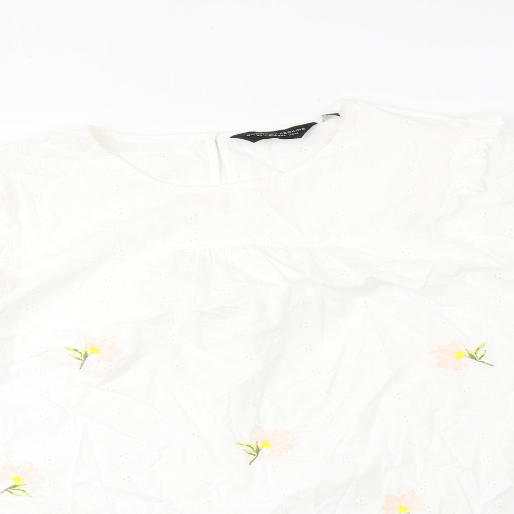 Dorothy Perkins Womens White Floral Polyester Basic Blouse Size 14 Boat Neck - Sleeve Tie Detail