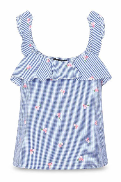 Atmosphere Womens Beige Check Polyester Basic Tank Size 8 Round Neck - Flower Detail