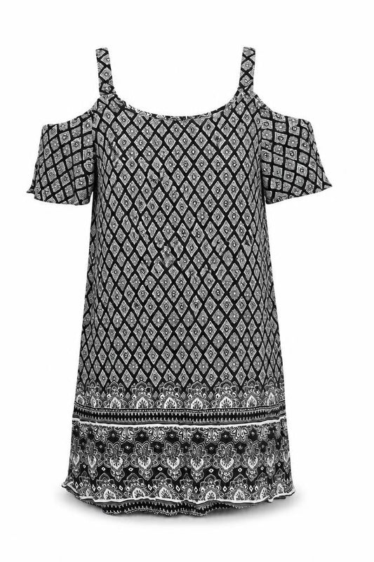 Papaya Womens Black Geometric Polyester Shift Size 8 V-Neck Pullover - Cold Shoulder