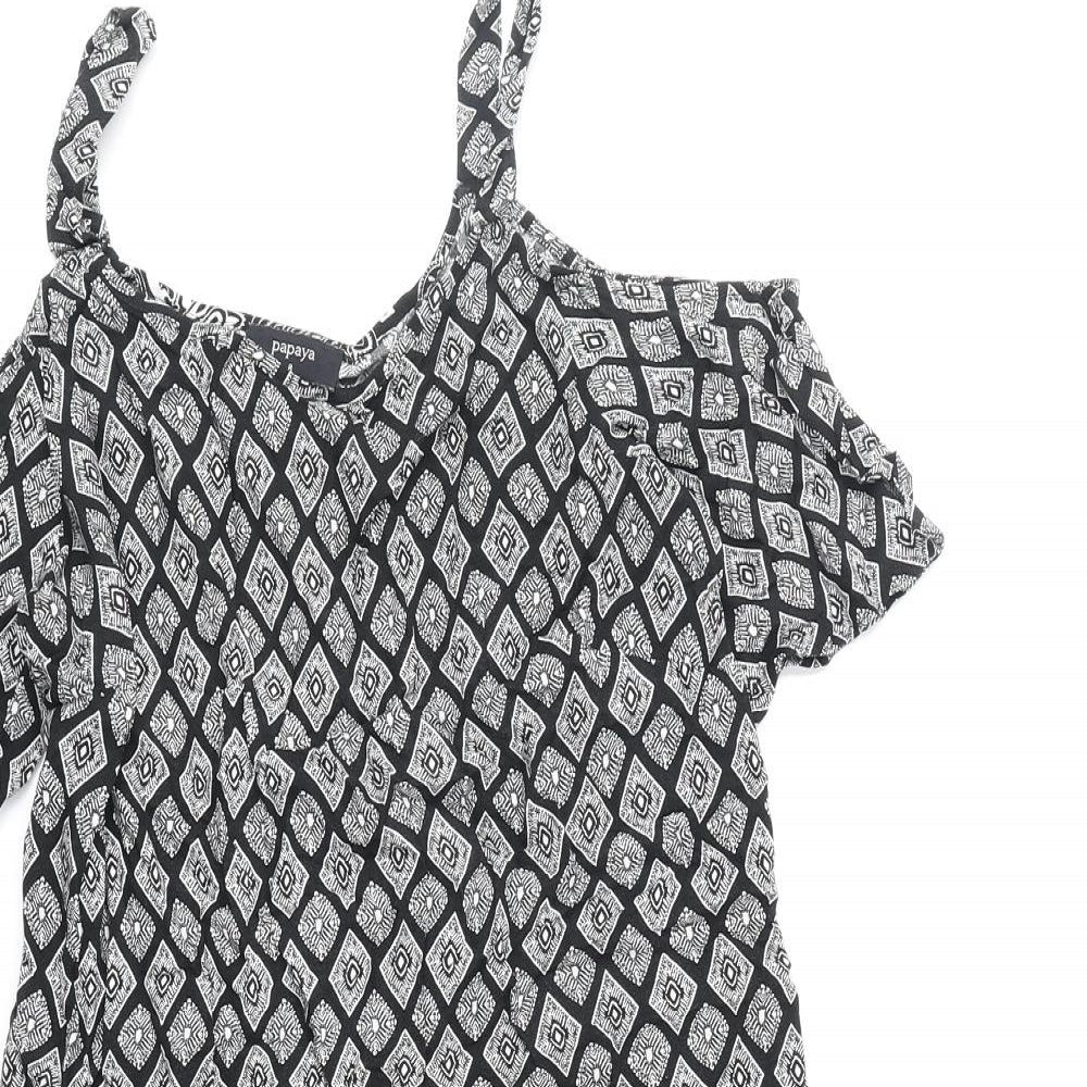 Papaya Womens Black Geometric Polyester Shift Size 8 V-Neck Pullover - Cold Shoulder