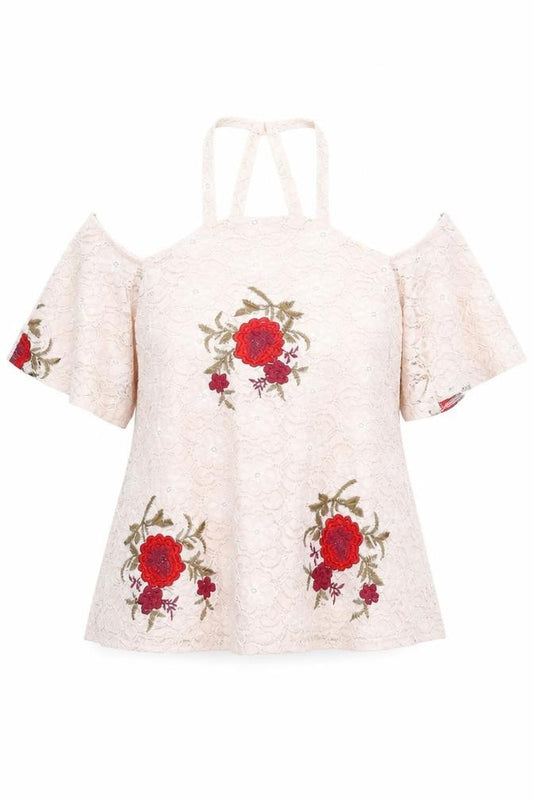 River Island Womens Beige Floral Nylon Basic Blouse Size 10 Off the Shoulder - Lace Overlay Cold Shoulder