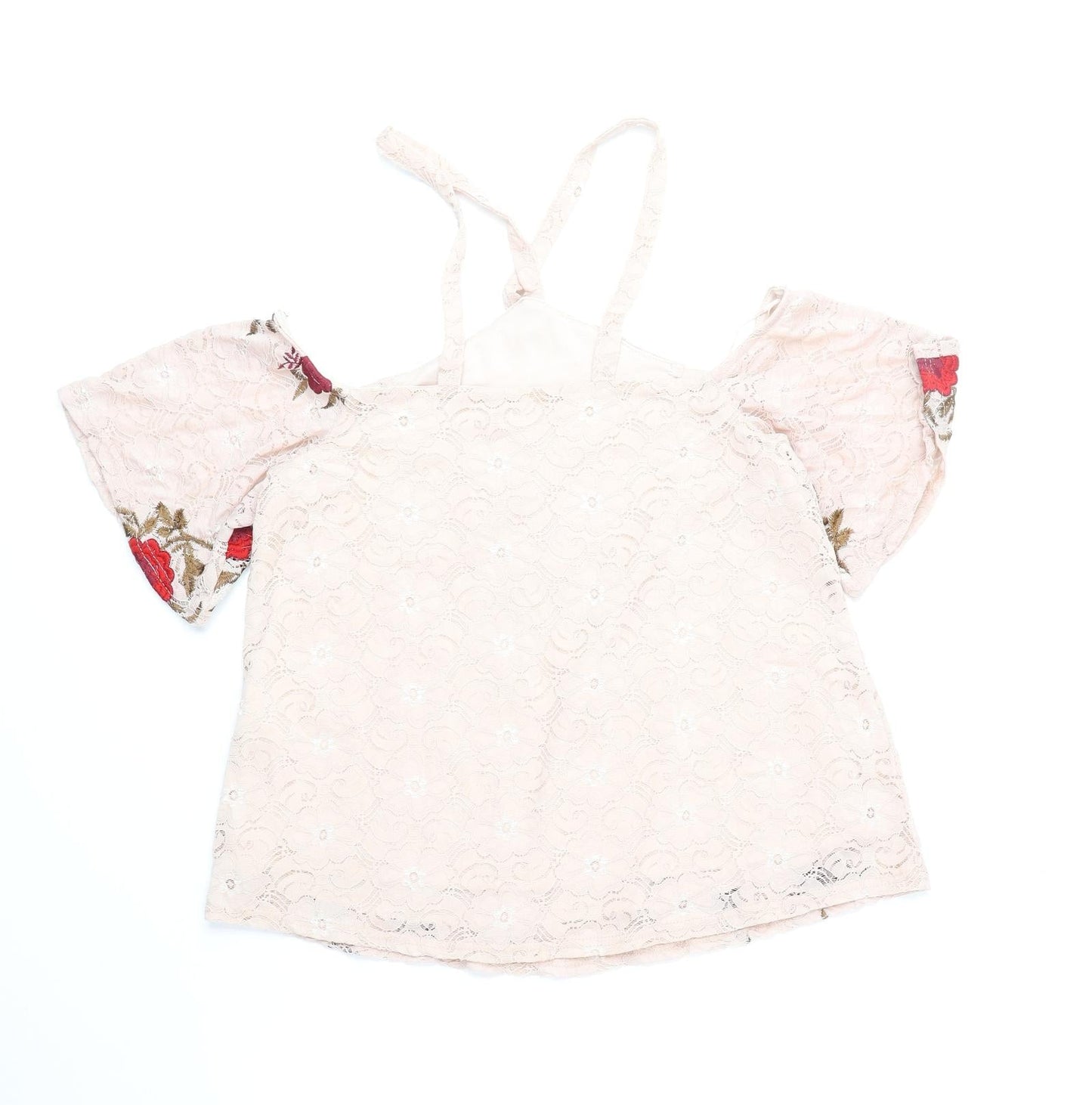 River Island Womens Beige Floral Nylon Basic Blouse Size 10 Off the Shoulder - Lace Overlay Cold Shoulder