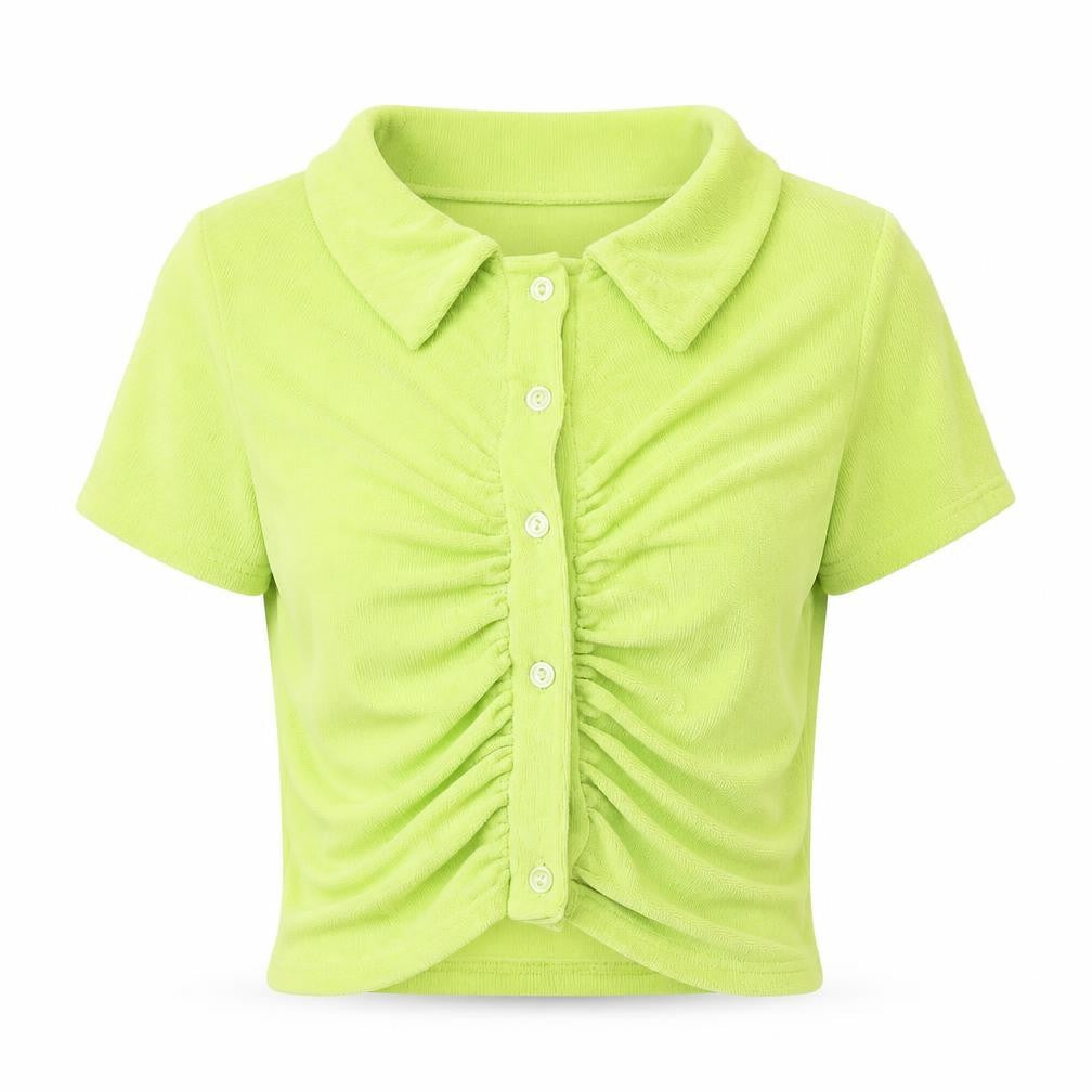 PRETTYLITTLETHING Womens Green Polyester Cropped Button-Up Size 4 Collared - Ruched
