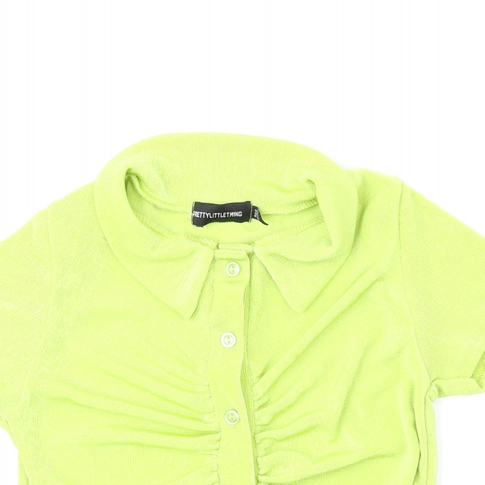 PRETTYLITTLETHING Womens Green Polyester Cropped Button-Up Size 4 Collared - Ruched