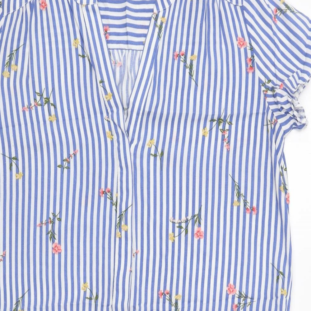 Papaya Womens Blue Striped Cotton A-Line Size 12 V-Neck Tie - Drawstring Waist