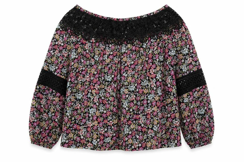 New Look Womens Multicoloured Floral Polyester Basic Blouse Size 10 Boat Neck - Lace Detail