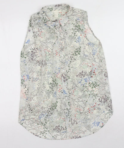 H&M Womens White Geometric Polyester Basic Button-Up Size 6 Collared - Leaf Print