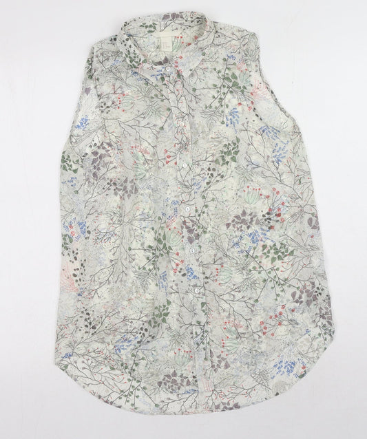 H&M Womens White Geometric Polyester Basic Button-Up Size 6 Collared - Leaf Print