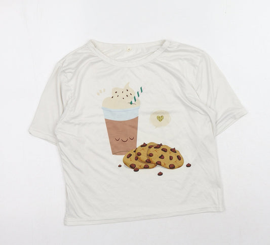 Preworn Womens White Polyester Basic T-Shirt Size S Round Neck - Hot Chocolate & Cookies