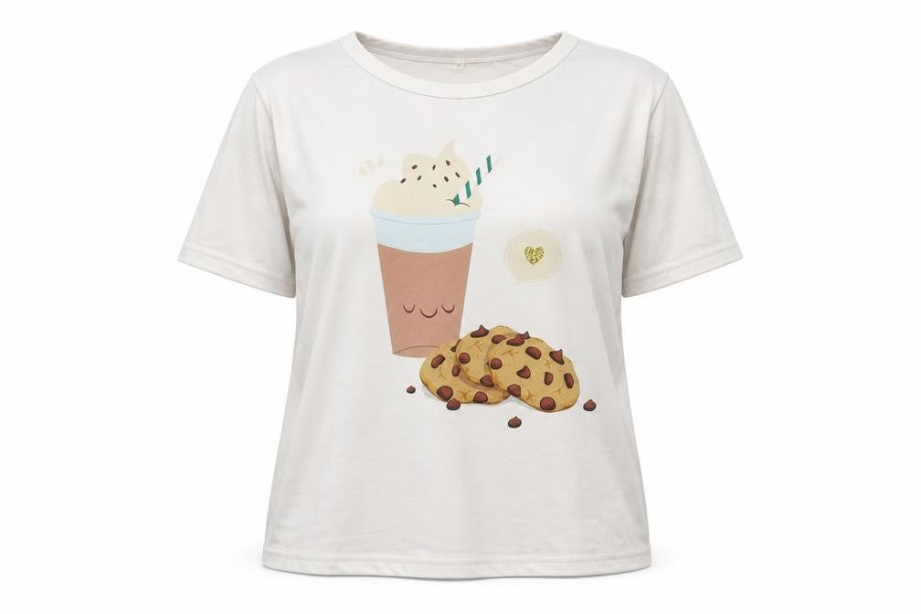 Preworn Womens White Polyester Basic T-Shirt Size S Round Neck - Hot Chocolate & Cookies