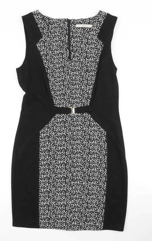 NEXT Womens Black Geometric Viscose A-Line Size 10 Boat Neck Zip