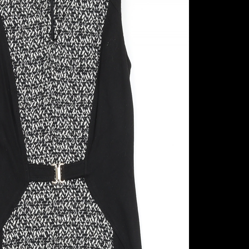NEXT Womens Black Geometric Viscose A-Line Size 10 Boat Neck Zip