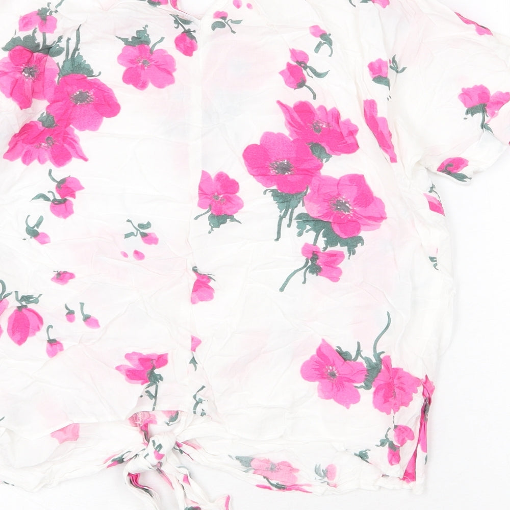 Warehouse Womens White Floral Viscose Basic T-Shirt Size 8 Round Neck - Knot Front