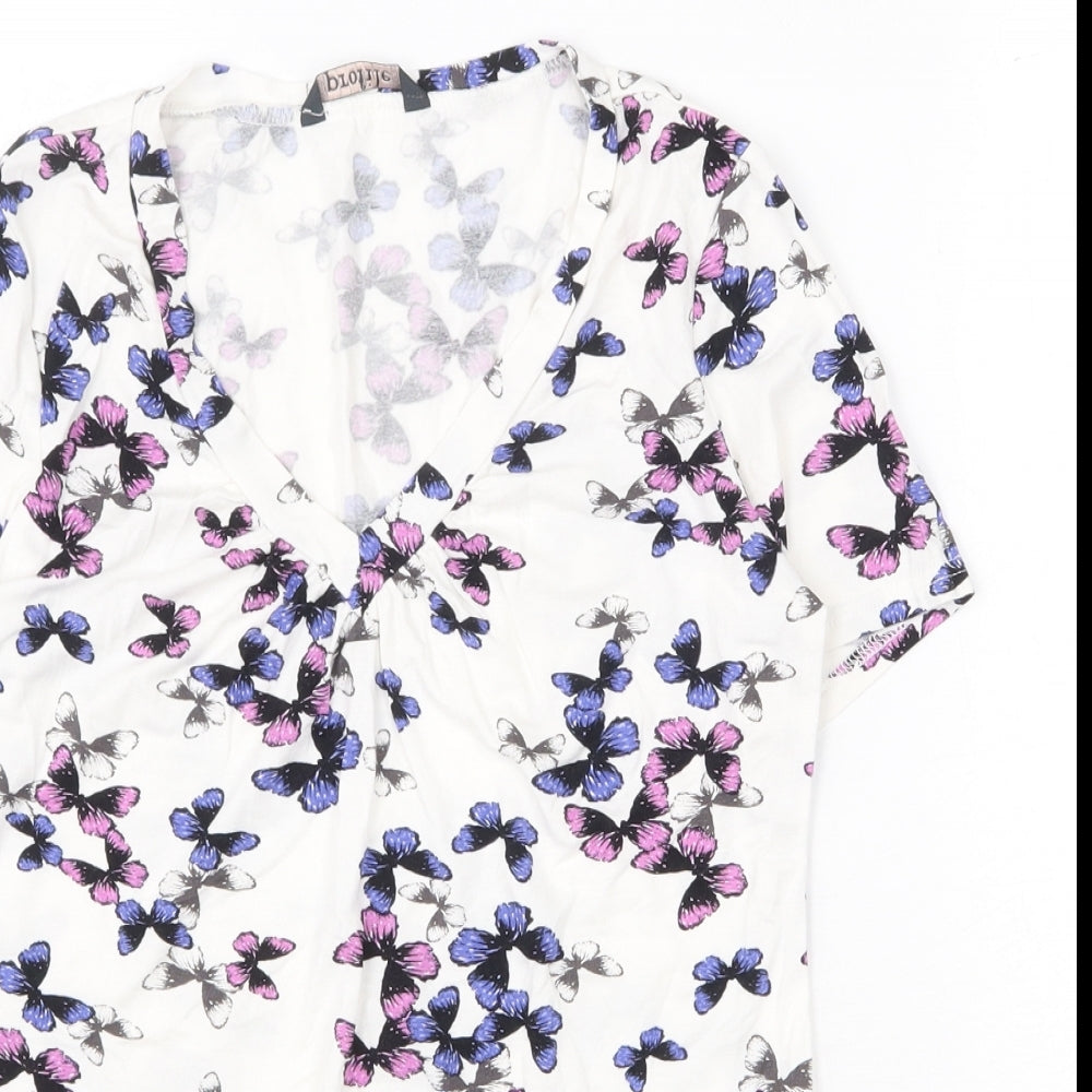 BHS Womens White Geometric Viscose Basic T-Shirt Size 8 V-Neck - Butterfly