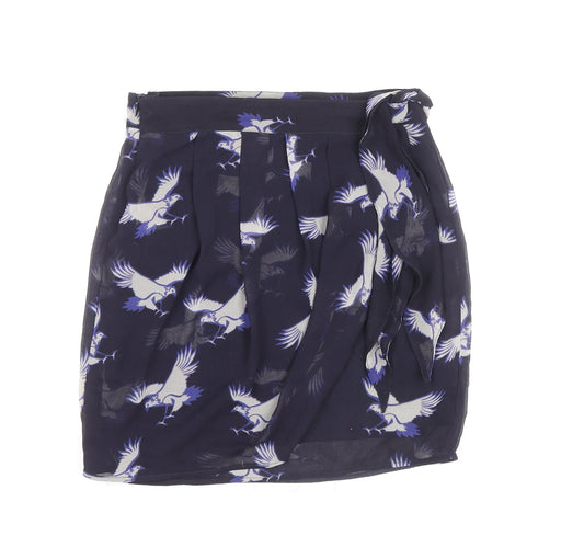 Zara Womens Blue Geometric Polyester Tulip Skirt Size XS Zip - Bird Pattern
