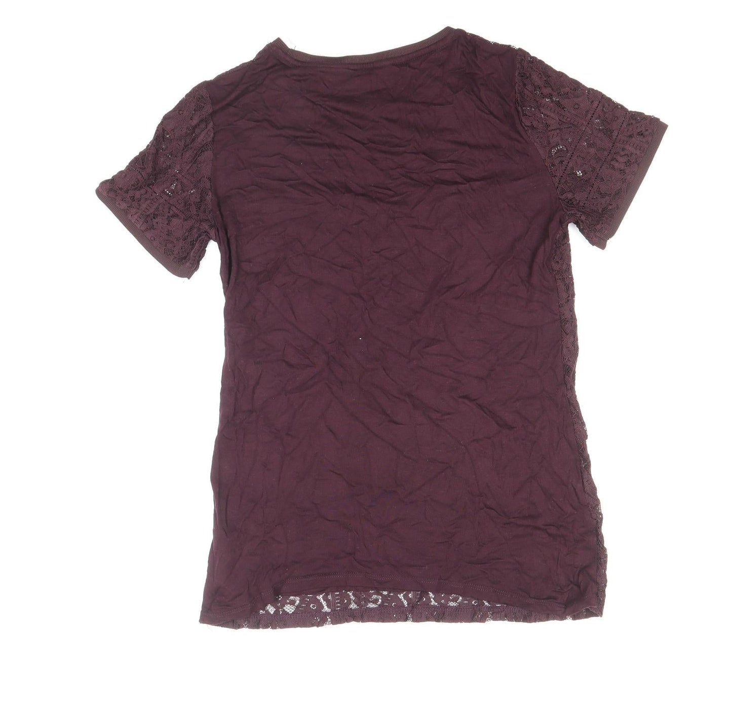 Dorothy Perkins Womens Purple Floral Polyamide Basic T-Shirt Size 10 Round Neck - Lace Overlay
