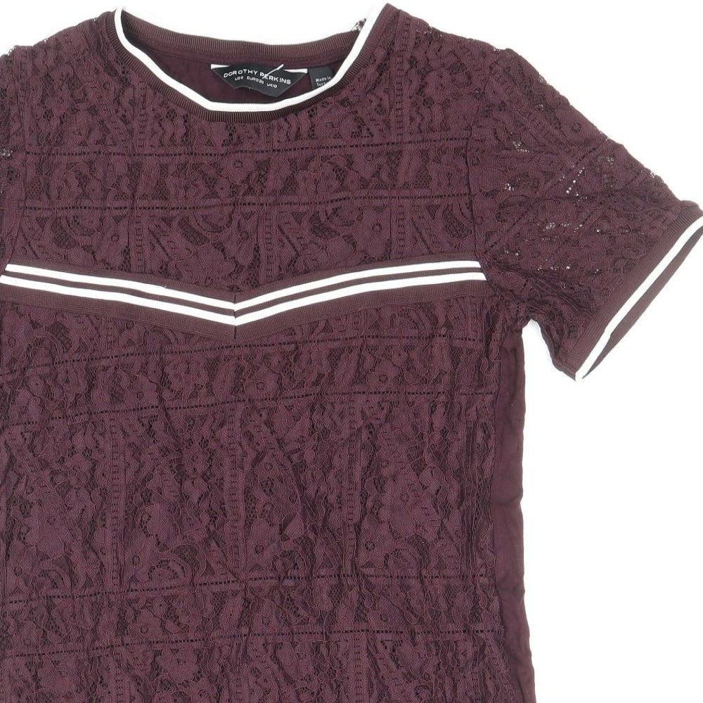 Dorothy Perkins Womens Purple Floral Polyamide Basic T-Shirt Size 10 Round Neck - Lace Overlay
