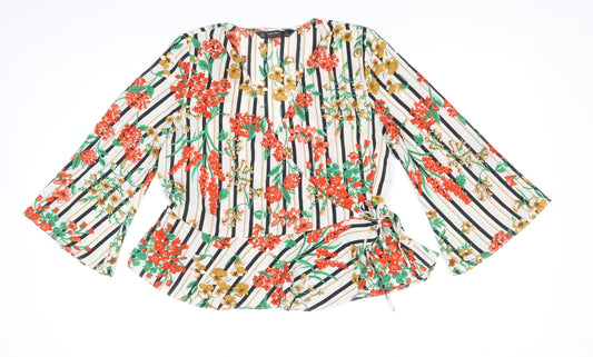 Zara Womens Multicoloured Striped Polyester Wrap Blouse Size S Round Neck - Flower Detail