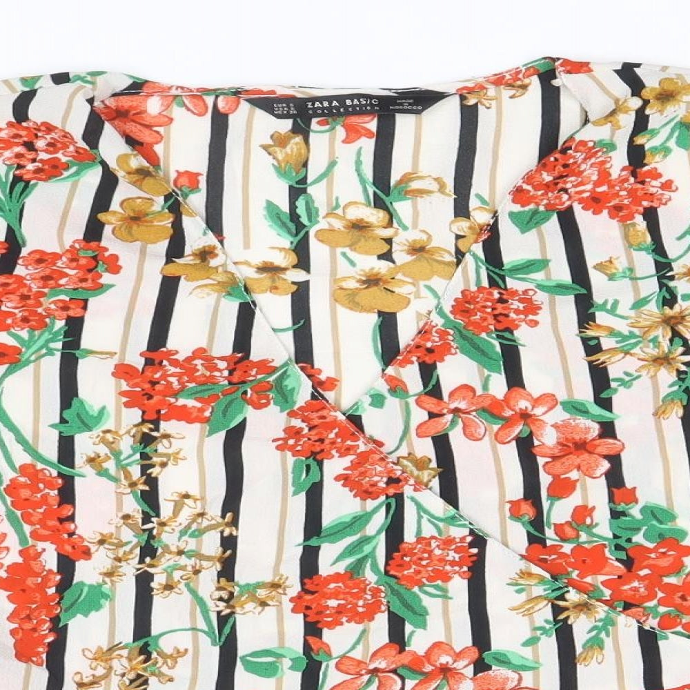 Zara Womens Multicoloured Striped Polyester Wrap Blouse Size S Round Neck - Flower Detail