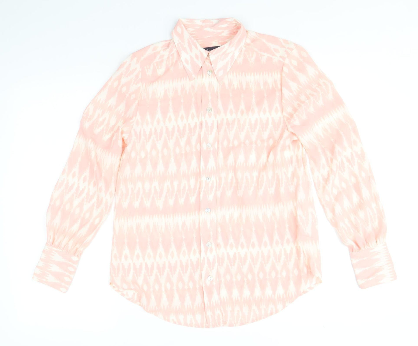Marks and Spencer Womens Pink Geometric Polyester Basic Button-Up Size 8 V-Neck