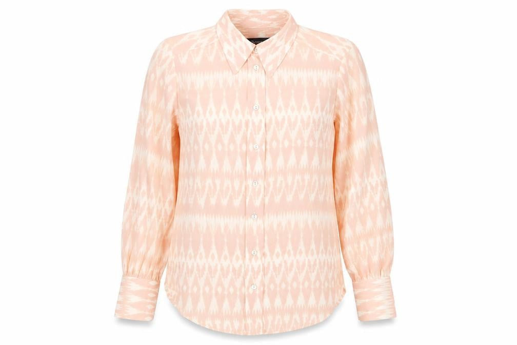 Marks & Spencer Womens Pink Geometric Polyester Basic Button-Up Size 8 V-Neck