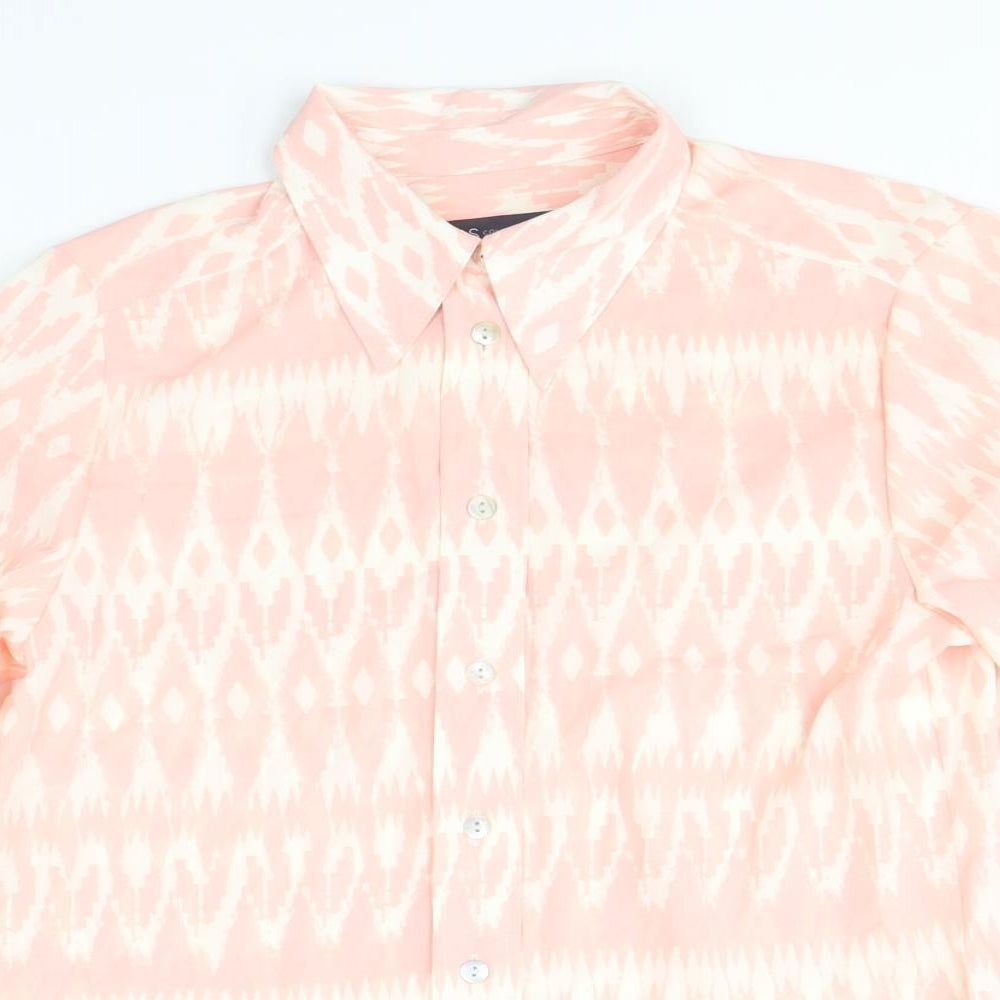 Marks and Spencer Womens Pink Geometric Polyester Basic Button-Up Size 8 V-Neck