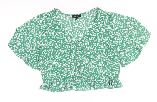 New Look Womens Green Geometric Polyester Cropped Blouse Size 14 V-Neck