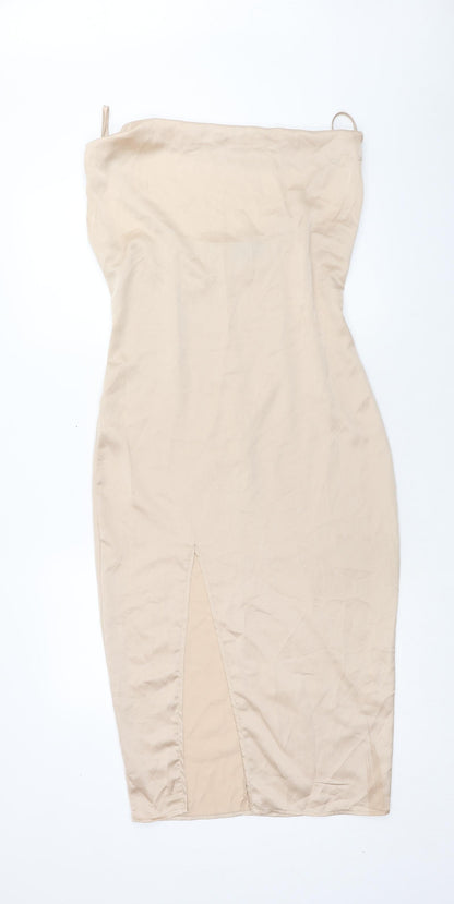 PRETTYLITTLETHING Womens Gold Polyester Bodycon Size 10 Square Neck Zip