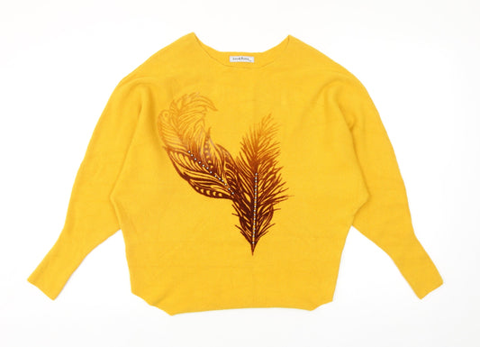 Amo & Roma Womens Yellow Round Neck Viscose Pullover Jumper Size S - Feather