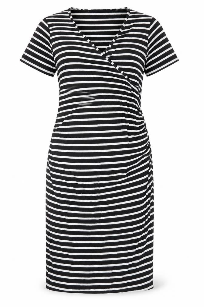 Blue Bell Womens Black Striped Viscose T-Shirt Dress Size 8 V-Neck Pullover
