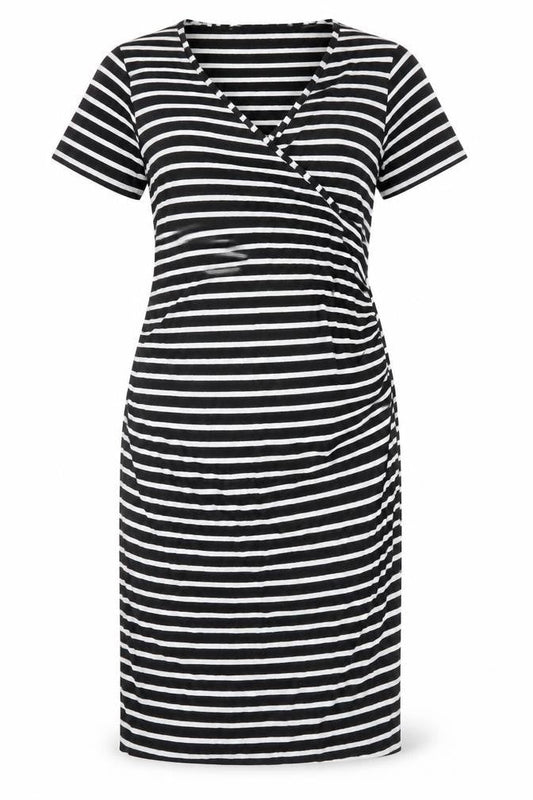 Blue Bell Womens Black Striped Viscose T-Shirt Dress Size 8 V-Neck Pullover