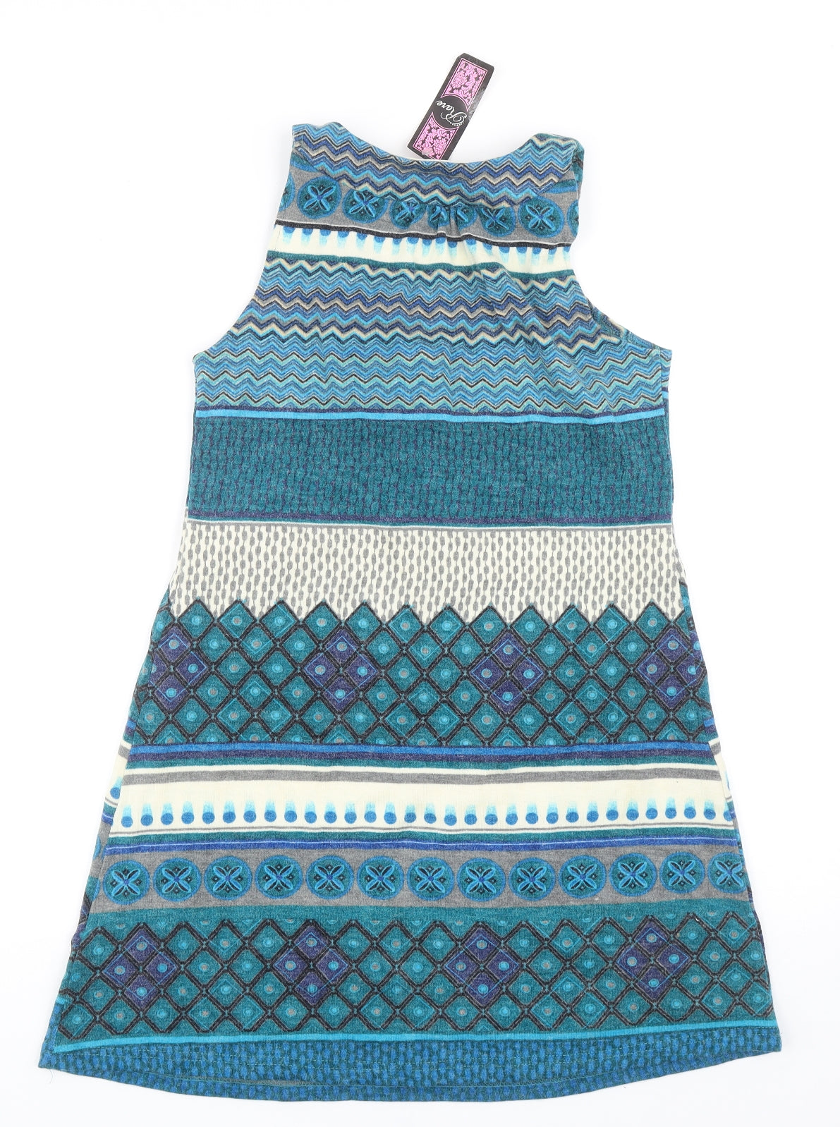 Rare Womens Blue Geometric Acrylic Tank Dress Size S Scoop Neck Pullover