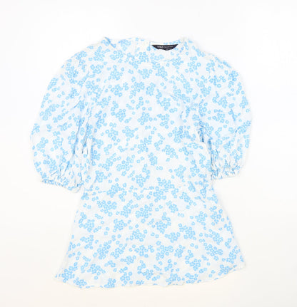 Marks & Spencer Womens Blue Floral Polyester Basic Blouse Size 8 Round Neck