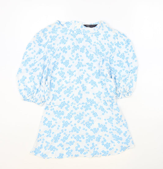 Marks and Spencer Womens Blue Floral Polyester Basic Blouse Size 8 Round Neck