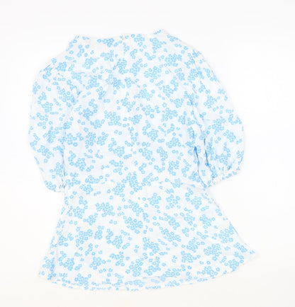 Marks & Spencer Womens Blue Floral Polyester Basic Blouse Size 8 Round Neck