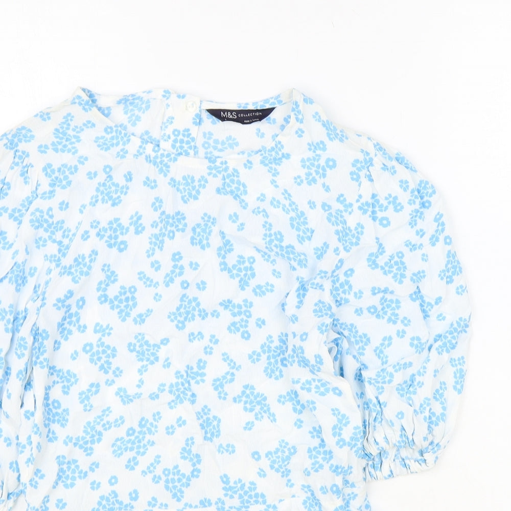 Marks and Spencer Womens Blue Floral Polyester Basic Blouse Size 8 Round Neck