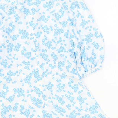 Marks & Spencer Womens Blue Floral Polyester Basic Blouse Size 8 Round Neck