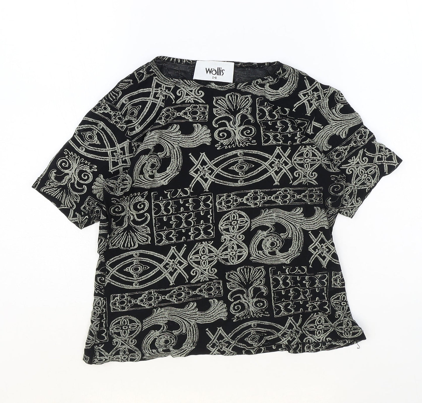 Wallis Womens Black Geometric Nylon Basic T-Shirt Size 14 Round Neck