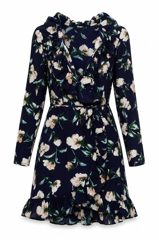 PRETTYLITTLETHING Womens Blue Fair Isle Polyester Wrap Dress Size 8 V-Neck Tie
