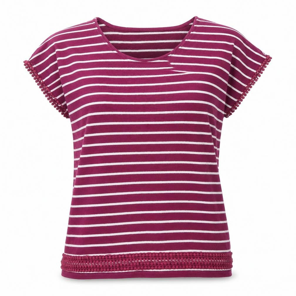 Bonmarché Womens Purple Striped Polyester Basic T-Shirt Size 12 Round Neck
