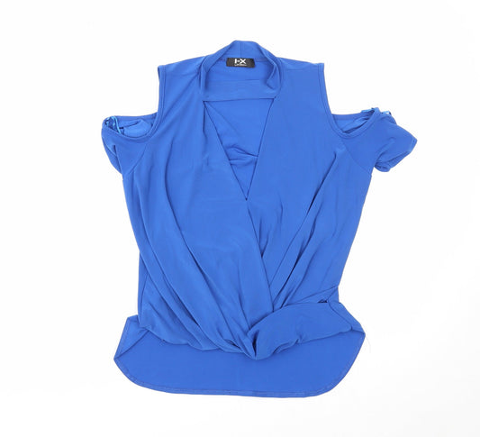 IX London Womens Blue Polyester Basic Blouse Size 12 V-Neck - Cold Shoulder