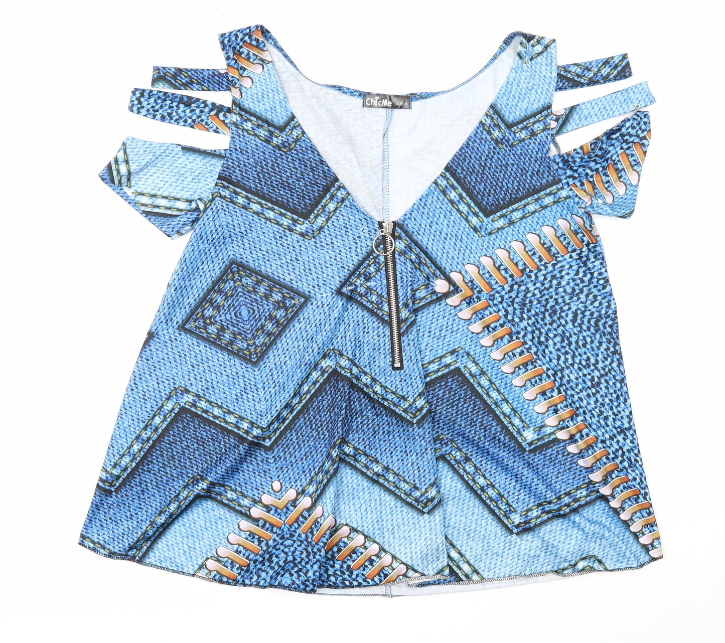 Chic Me Womens Blue Geometric Polyester Basic T-Shirt Size S V-Neck - Cold Shoulder