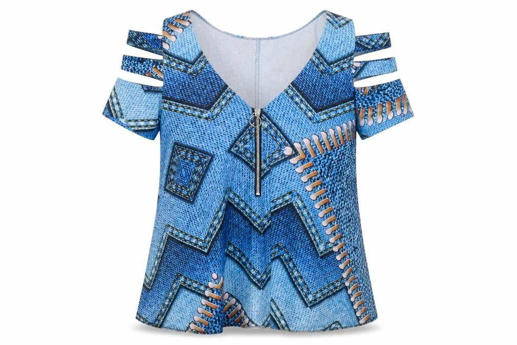 Chic Me Womens Blue Geometric Polyester Basic T-Shirt Size S V-Neck - Cold Shoulder