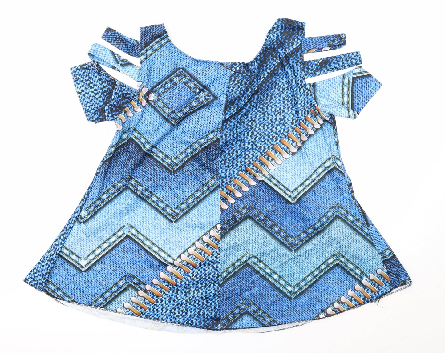 Chic Me Womens Blue Geometric Polyester Basic T-Shirt Size S V-Neck - Cold Shoulder