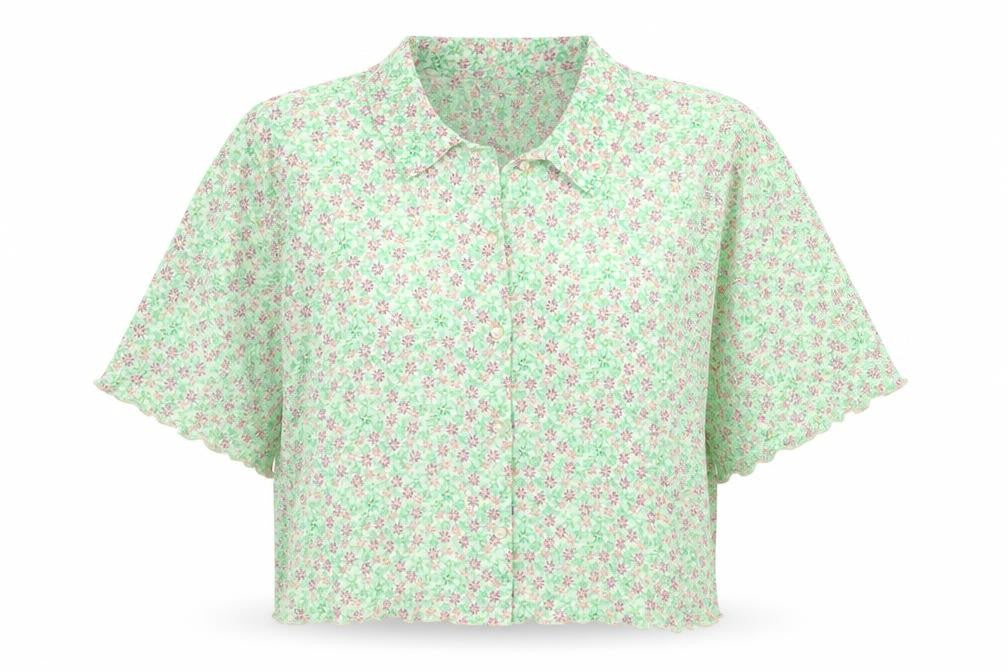Primark Womens Green Floral Polyester Cropped Button-Up Size 14 Collared