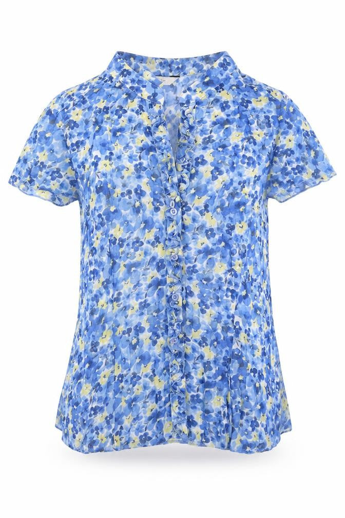 Les Petites Womens Blue Floral Polyester Basic Button-Up Size 14 V-Neck