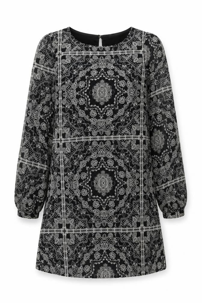 Primark Womens Black Geometric Polyester A-Line Size 8 Round Neck Button