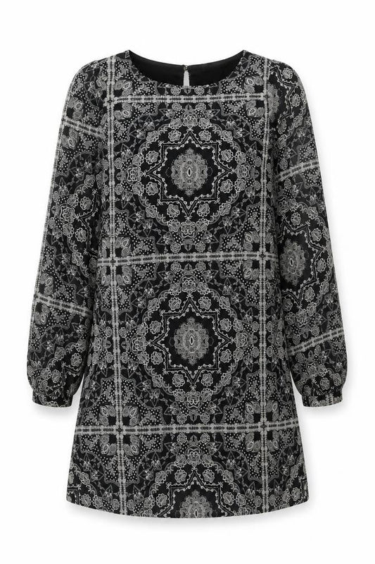 Primark Womens Black Geometric Polyester A-Line Size 8 Round Neck Button