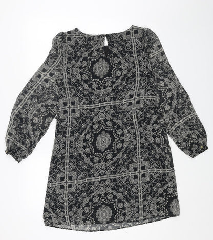 Primark Womens Black Geometric Polyester A-Line Size 8 Round Neck Button