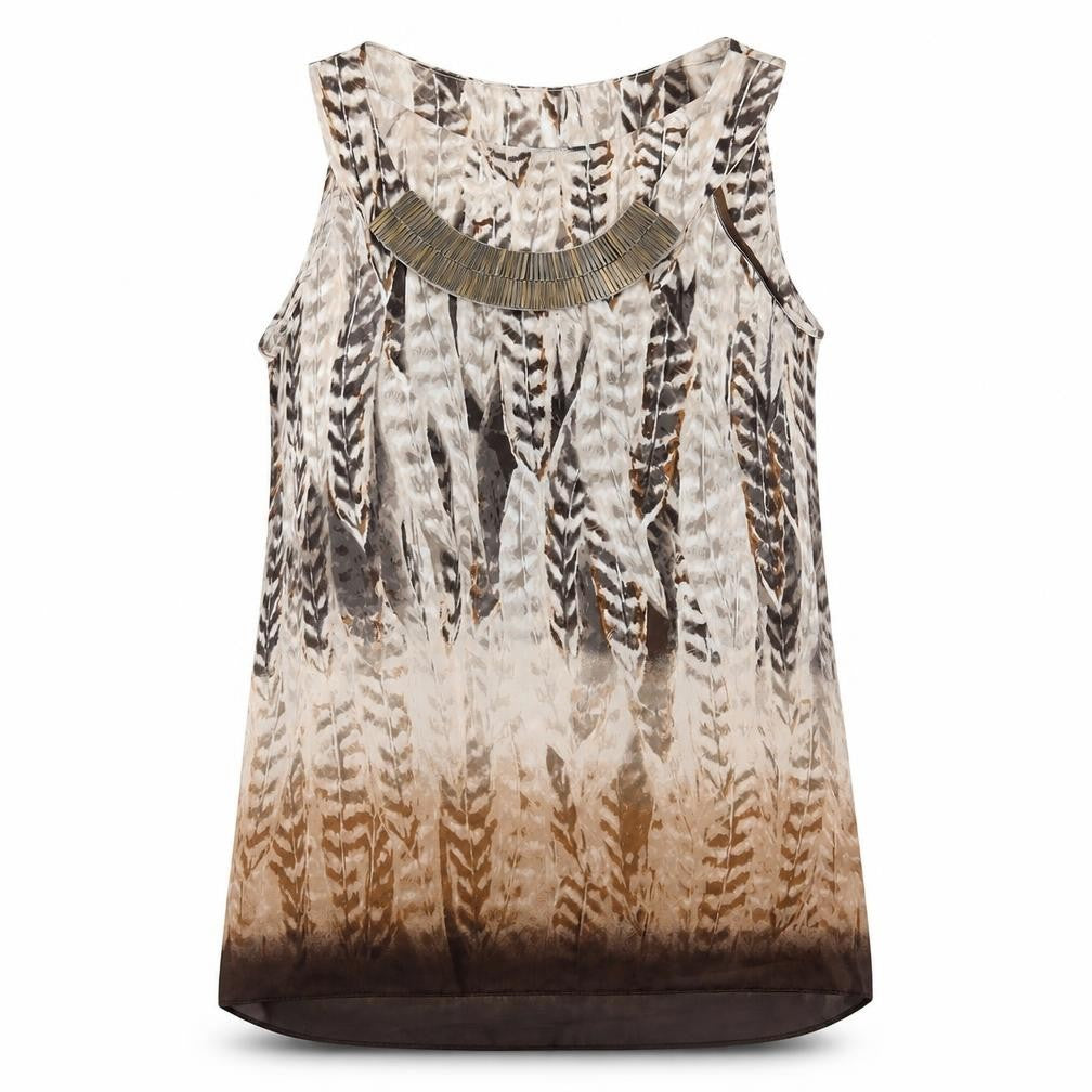 Wallis Womens Brown Geometric Polyester Basic Tank Size S Round Neck